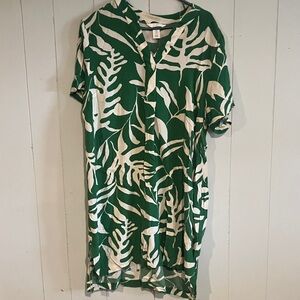 H&M Green and White Tropical Midi Shirt Dress
